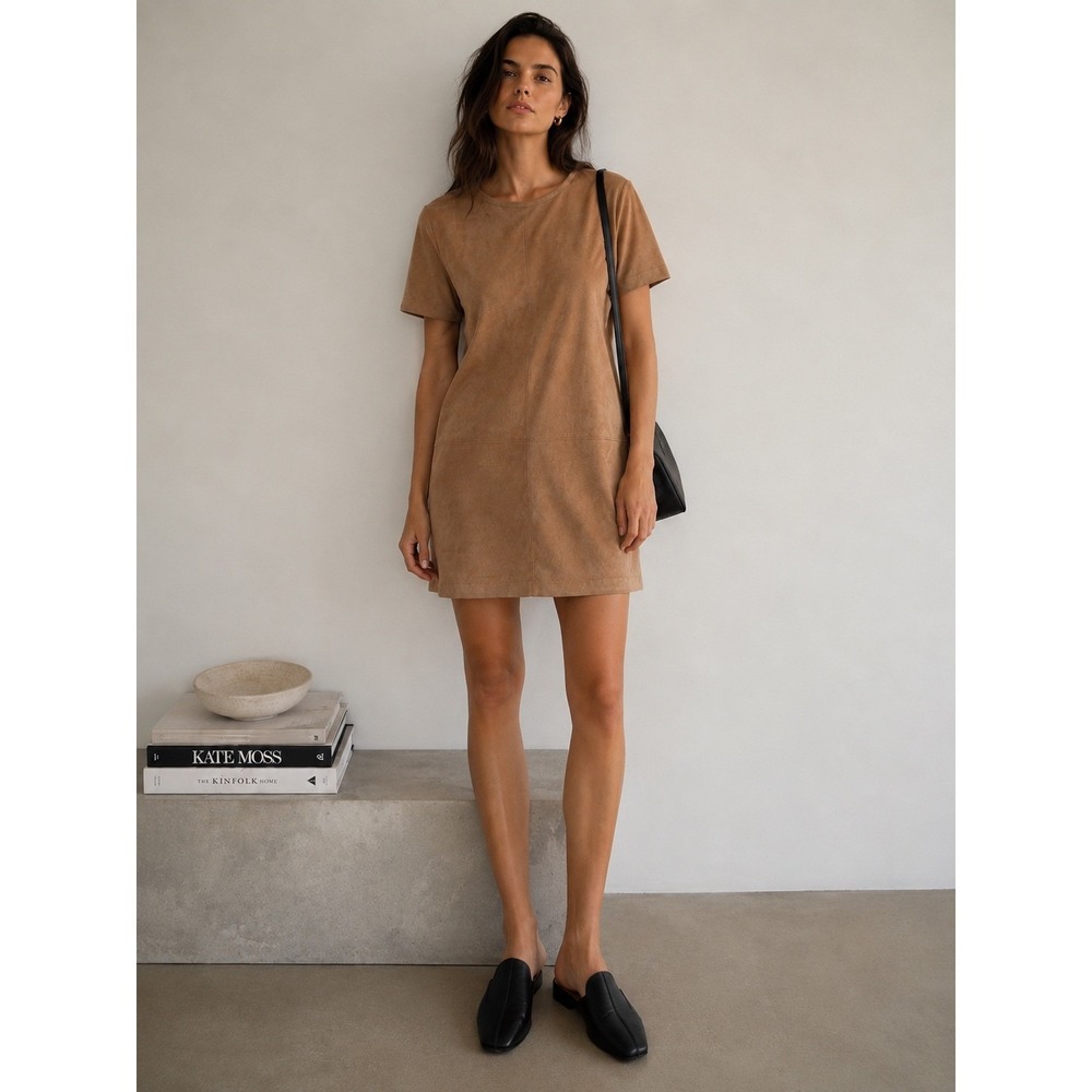 Calstyle Faux Suede Shift Mini Dress Tan Brown Short Sleeve Womens Medium Boho